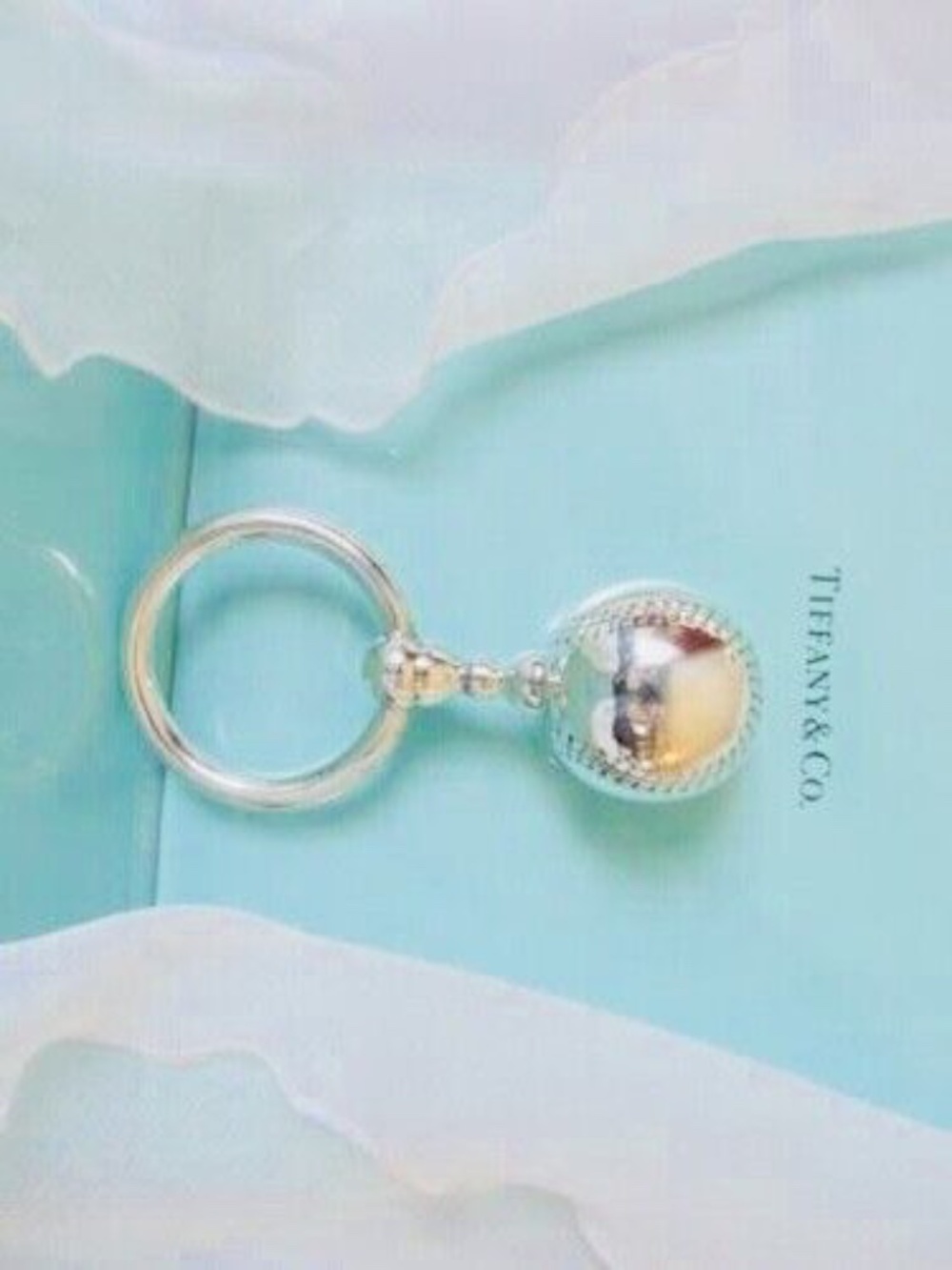 Tiffany & Co. Sterling Silver Baseball and Barbell Ring Baby Rattle